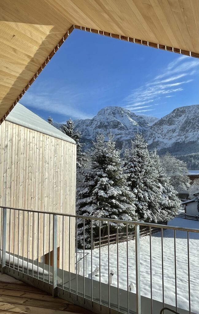 View from the balcony with metal railing and wooden facade of a snowy landscape with trees in the mountains