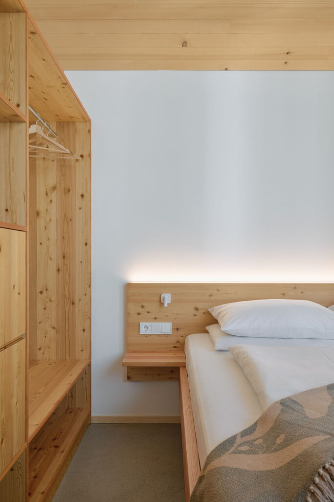 Detail of the larch wood sleeping area in the Aerli designer holiday home in Ehrwald